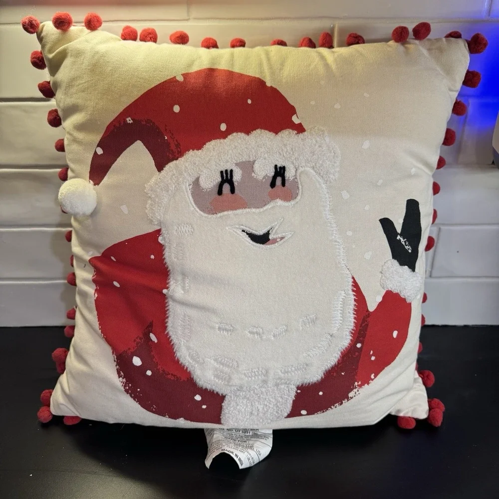 Santa‎ Clause Christmas Pillow Pom Pom Trim 3-D Holiday Living Room Sofa 18